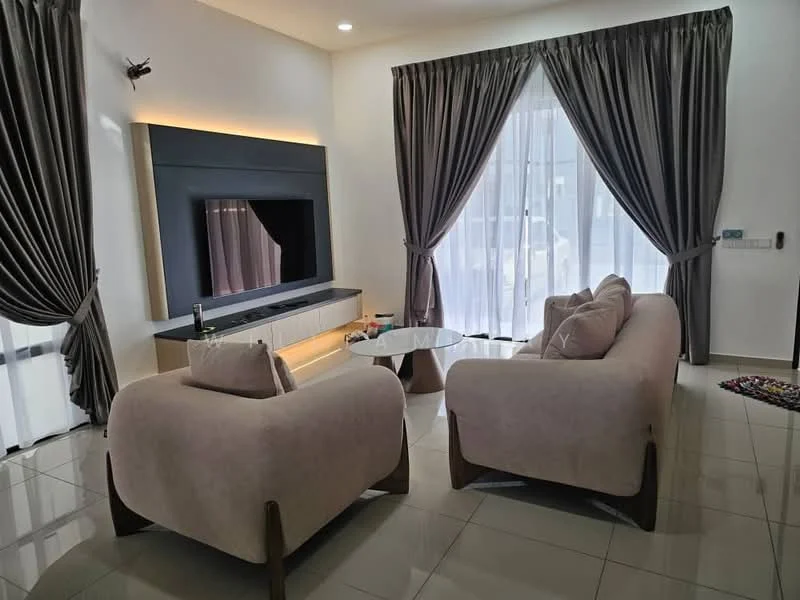 Living features: 2-seater fabric sofa in light beige, 3-seater fabric sofa in light beige, glass coffee table, wall-mounted TV, TV console with storage, floor-to-ceiling windows with sheer curtains, grey drapes, recessed downlights, glossy tile flooring, decorative area rug; style: modern.