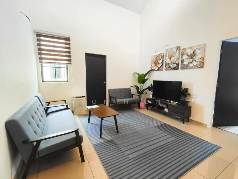 Living features: grey fabric 3-seater sofa, grey fabric 2-seater sofa, wooden coffee table, area rug with striped pattern, wall-mounted TV, potted plant, decorative wall art with floral design, window with roller blinds, cream painted walls, tile flooring; style: modern.