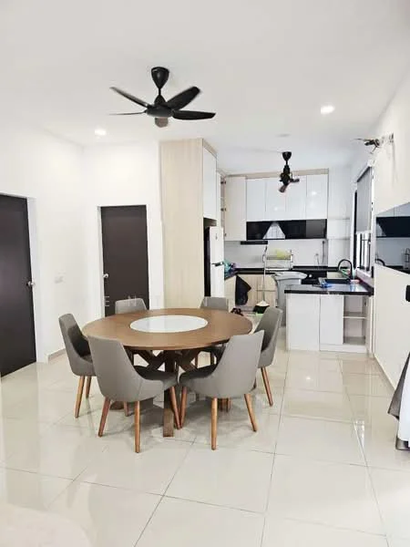 Dining features: round dining table, 6 upholstered dining chairs, ceiling fan with light, white painted walls, glossy tile flooring, recessed downlights, open kitchen layout, kitchen island, window with view to outside; style: modern. Kitchen features: white cabinetry, black countertop, stainless-steel sink, chrome pull-down faucet, built-in oven, freestanding range oven, microwave, dishwasher, tile backsplash, window above sink; style: modern.