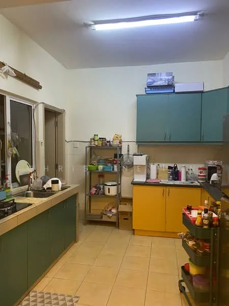 Kitchen features: single-bowl stainless-steel sink, chrome pull-down faucet, laminate countertop, green cabinetry, yellow cabinetry, open shelving, built-in microwave, freestanding range oven, ceramic tile flooring, wall-mounted light fixture, window with sheer curtains, kitchen appliances, various kitchen utensils and condiments.