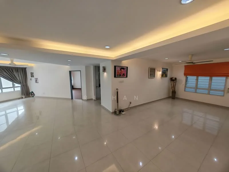 Living features: glossy ceramic tile flooring, white painted walls, recessed downlights, ceiling fan, large windows with sheer curtains, orange roller blinds, wall-mounted artwork, open layout, neutral color scheme, corner space for furniture arrangement; style: modern; view: city.