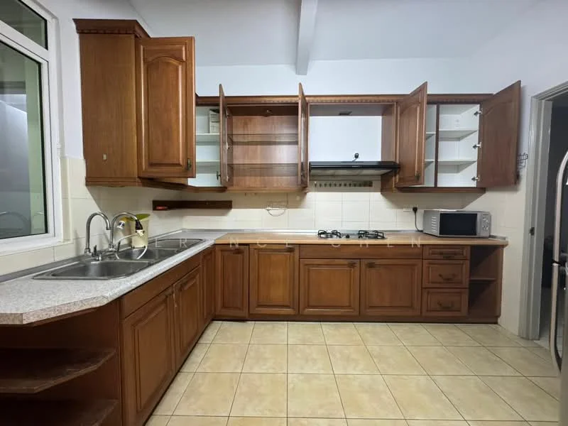 Kitchen features: brown wooden cabinetry, granite countertop, double-bowl stainless-steel sink, chrome pull-down faucet, built-in gas hob, exhaust hood, microwave, ceramic tile flooring, white tiled backsplash, open shelving, wall-mounted cabinets, window above sink; style: traditional.
