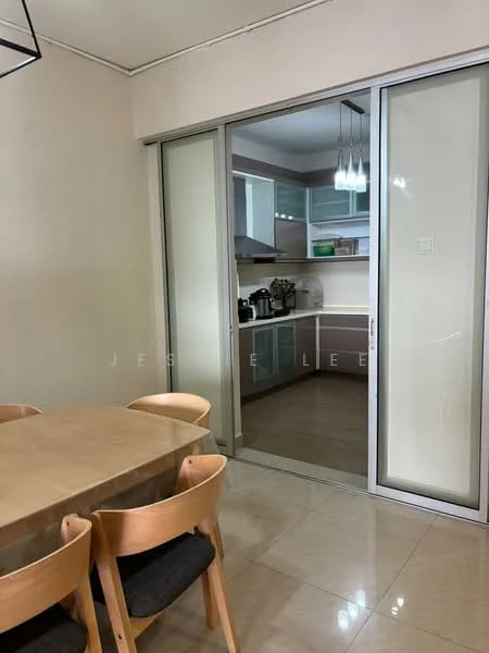 Dining features: wooden dining table, 4 wooden dining chairs, cream painted walls, marble tile flooring, ceiling light fixture, sliding glass door, view into kitchen; style: modern. Kitchen features: kitchen cabinets, countertop, stainless-steel appliances, sink, kitchen island, recessed lighting; style: modern.