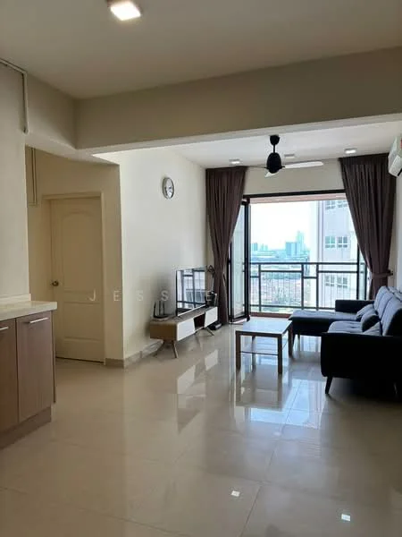Living features: grey fabric sofa, wooden coffee table, TV console, wall-mounted TV, floor-to-ceiling windows, sliding glass door, curtains, ceiling fan with light, recessed downlights, cream painted walls, glossy tile flooring, clock on wall; style: modern; view: city.