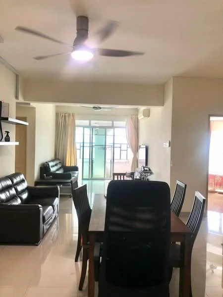 Living features: 5-blade ceiling fan with integrated LED light, 2 black leather sofas, wooden dining table with 6 chairs, glass sliding door leading to balcony, cream painted walls, glossy tile flooring, curtains on windows, TV console on wall; style: modern. Room features: cream painted walls, glossy tile flooring.