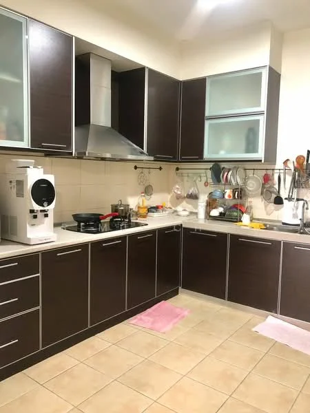 Kitchen features: dark wood cabinetry, stainless-steel range hood, built-in gas stove, white ceramic tile backsplash, single-bowl stainless-steel sink, chrome pull-down faucet, white countertop, kitchen appliances including coffee machine, hanging pots and utensils, tile flooring, pink bath mats; style: modern.