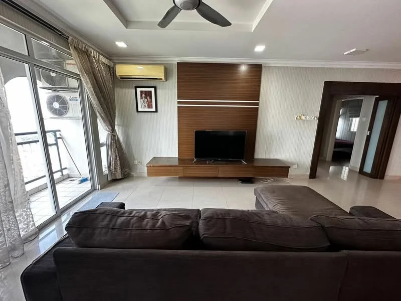 Living features: 3-seater fabric sofa in grey, coffee table, wall-mounted TV, TV console with wooden finish, ceiling fan, recessed downlights, floor-to-ceiling windows, curtains, air conditioning unit, decorative wall paneling, tile flooring, access to balcony; style: modern; view: city.