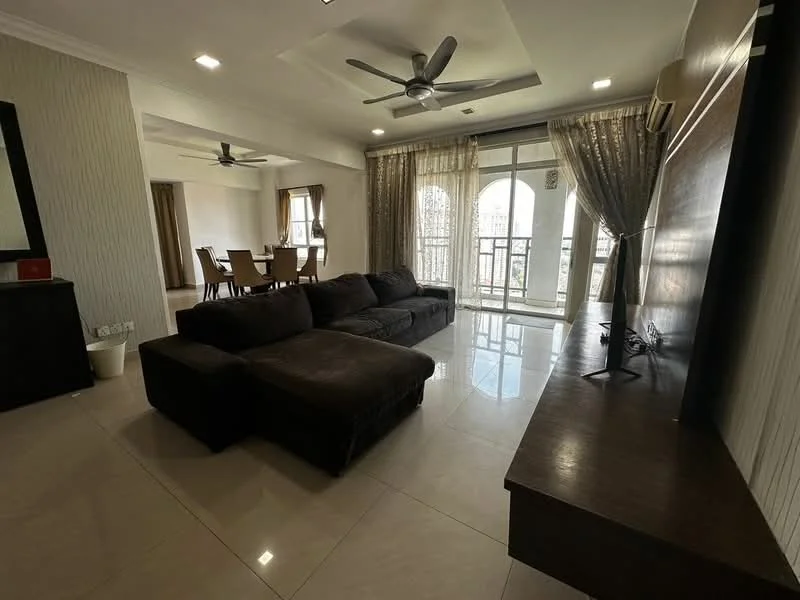 Living features: L-shape sectional sofa in dark fabric, coffee table, TV console, wall-mounted TV, floor-to-ceiling windows, sheer curtains, recessed downlights, ceiling fan, polished tile flooring, decorative wall with textured finish, open layout to dining area, balcony access; style: modern; view: city. Dining features: 6-seater dining table, upholstered dining chairs, ceiling fan, polished tile flooring, natural light from windows; style: modern; view: city.