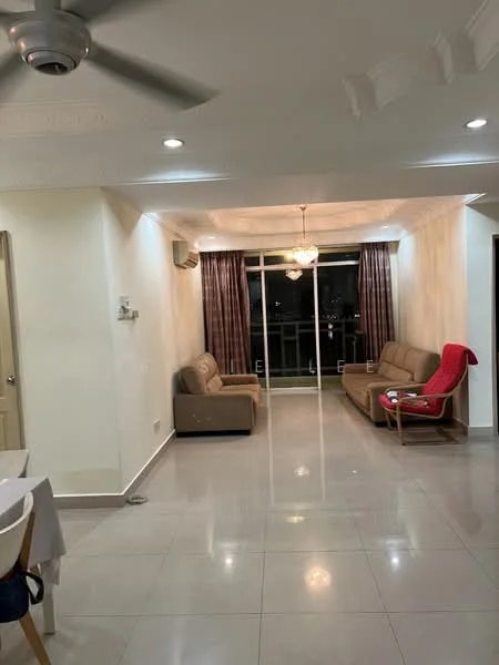 Living features: cream painted walls, polished tile flooring, 5-blade ceiling fan with light, recessed downlights, floor-to-ceiling windows, curtains in dark brown, two fabric sofas in beige, one red armchair, coffee table, TV console, decorative ceiling with crown moulding; style: modern; view: city.
