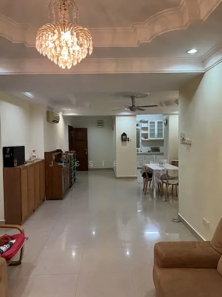 Living features: cream painted walls, polished ceramic tile flooring, tray ceiling with chandelier, 5-blade ceiling fan, wall-mounted TV, wooden sideboard, sofa in beige, decorative wall clock, open layout to dining area; style: modern. Dining features: 6-seater dining table, wooden dining chairs, open kitchen area, white cabinetry, kitchen island, recessed downlights; style: modern.