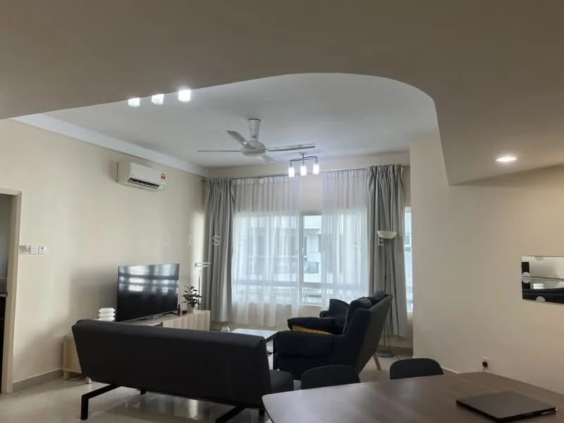 Living features: 3-seater fabric sofa in dark grey, 2-seater fabric sofa in navy blue, coffee table, wall-mounted TV, ceiling fan with light, recessed LED downlights, floor-to-ceiling windows, sheer curtains, cream painted walls, light-colored tile flooring, air conditioning unit on wall; style: modern.