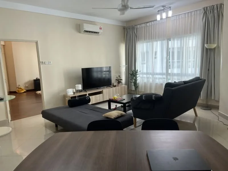 Living features: sofa in dark grey, coffee table, wall-mounted TV, TV console in light wood, floor-to-ceiling windows with sheer curtains, ceiling fan, recessed downlights, marble tile flooring, decorative plant, area rug; style: modern. Room features: open doorway leading to another room, light wood flooring visible in adjacent room.