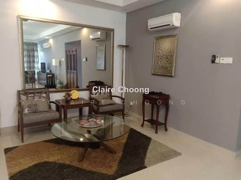 Living features: cream painted walls, grey accent wall, marble flooring, 5-blade ceiling fan, recessed downlights, large wall mirror, glass coffee table, 2 wooden armchairs, decorative wall art, air conditioning unit; style: modern.