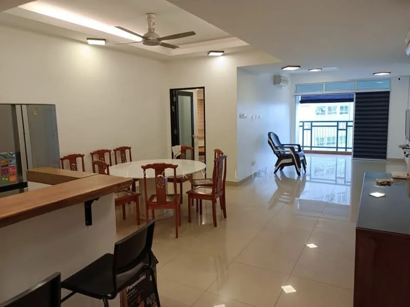 Living features: white painted walls, glossy tile flooring, 5-blade ceiling fan with light, floor-to-ceiling windows, sliding glass door, blackout curtains, reclining chair, dining table with 6 chairs, open layout to kitchen, natural light from balcony, wall-mounted air conditioning unit; style: modern; view: city. Kitchen features: dark wood cabinetry, black countertop, stainless-steel fridge, built-in oven, stainless-steel sink, chrome pull-down faucet; style: modern.