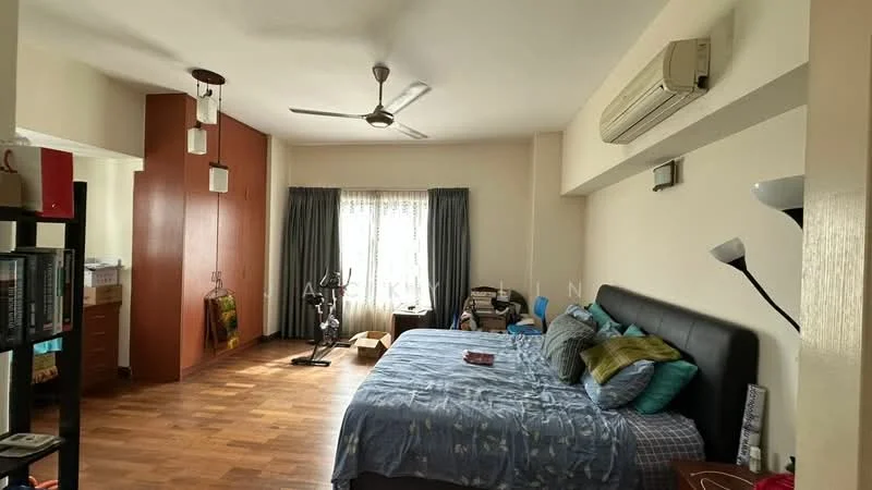 Bedroom features: king-size bed with dark upholstered headboard, bedding in blue and green tones, wooden flooring, ceiling fan, wall-mounted air conditioning unit, floor-to-ceiling window with sheer curtains, decorative wall-mounted lamp, built-in wardrobe with wooden finish, exercise bike, nightstand with decorative items; style: modern.