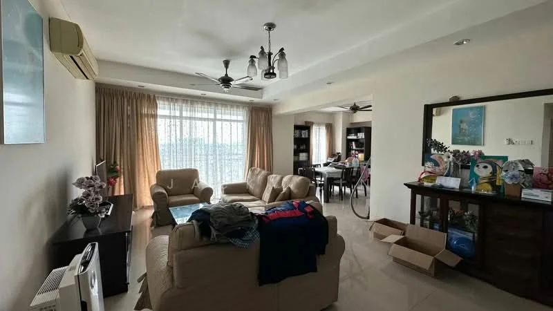Living features: 3-seater fabric sofa in beige, 2-seater fabric sofa in beige, coffee table, TV console, wall-mounted TV, area rug, 5-blade ceiling fan with light, recessed downlights, floor-to-ceiling windows, sheer curtains, cream painted walls, tile flooring, decorative plants, decorative artwork, built-in shelving unit; style: contemporary; view: city. Dining features: dining table, upholstered dining chairs, ceiling fan, built-in shelving unit; style: contemporary; view: city.