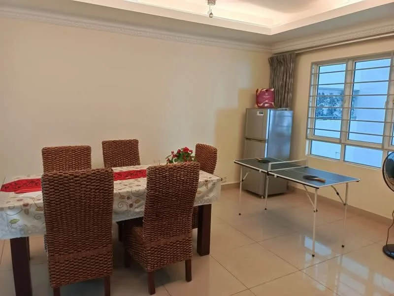 Dining features: 6-seater dining table, woven rattan dining chairs, tablecloth with floral pattern, cream painted walls, glossy tile flooring, refrigerator, window with grid pattern, ceiling light fixture, foldable table, decorative flower arrangement; style: modern.