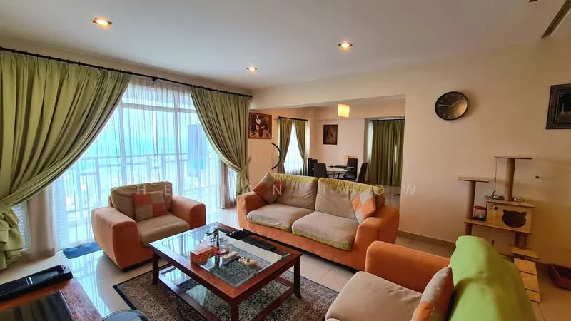 Living features: beige fabric sofa, orange fabric sofa, wood coffee table, TV console, floor-to-ceiling windows, sheer curtains, green drapes, wall clock, decorative wall art, area rug, light fixture, laminate flooring; style: contemporary; view: city.