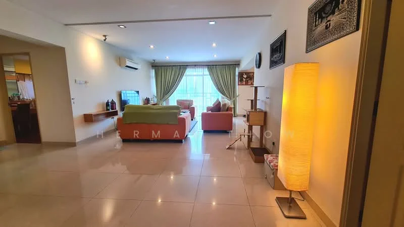 Living features: large floor-to-ceiling windows, green curtains, cream painted walls, marble tile flooring, 2-seater fabric sofa in light pink, 3-seater fabric sofa in green, wooden coffee table, decorative floor lamp, wall-mounted artwork, TV console, air conditioning unit, recessed downlights; style: modern; view: city.