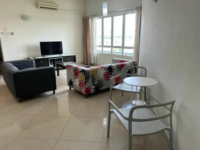 Living features: grey fabric sofa, colorful patterned sofa, white round side table, black TV console, wall-mounted TV, floor-to-ceiling windows, curtains, cream painted walls, glossy tile flooring, air conditioning unit; style: modern; view: city.