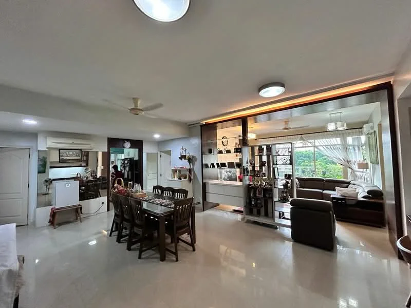 Dining features: 6-seater dining table, wooden dining chairs, white tablecloth, pendant light, marble flooring; style: modern. Living features: L-shape sectional sofa in brown, coffee table, TV console, wall-mounted TV, bookshelf, floor-to-ceiling windows, curtains, ceiling fan, recessed lighting, decorative plants; style: modern; view: garden.