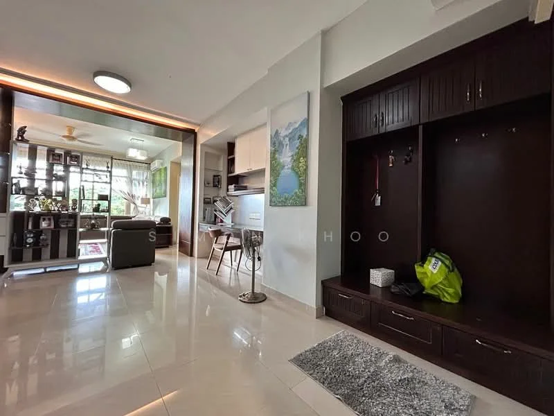 Room features: glossy marble tile flooring, white painted walls, recessed ceiling lights, built-in wooden cabinetry, open layout, decorative wall art, seating area with stools, entryway with storage, natural light from windows, neutral color palette; style: modern.