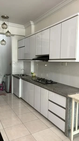 Kitchen features: grey flat-panel cabinets, granite countertop, stainless-steel sink, chrome pull-down faucet, built-in oven, freestanding range oven, 2-burner gas hob, ceramic tile flooring, white tiled backsplash, recessed downlights, pendant lights, open shelving, wall-mounted cabinets; style: modern.