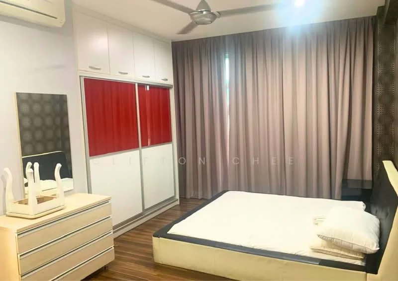 Bedroom features: wooden flooring, grey walls, built-in wardrobe with red sliding doors, queen-size bed, bedside table, ceiling fan, floor-to-ceiling curtains, mirror on dresser; style: modern.