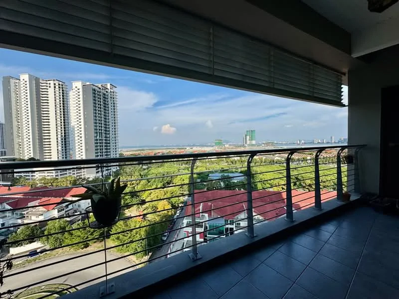 Room features: floor-to-ceiling windows, sliding glass door, balcony with railing, tile flooring, city view, sea view, greenery view, outdoor space; style: modern; view: city.