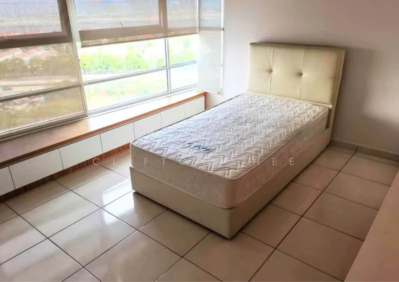 Bedroom features: queen-size bed with upholstered headboard, white bed frame, large window with roller blinds, tile flooring, built-in wardrobe, white painted walls, wooden window sill, natural light from window; style: modern; view: garden.