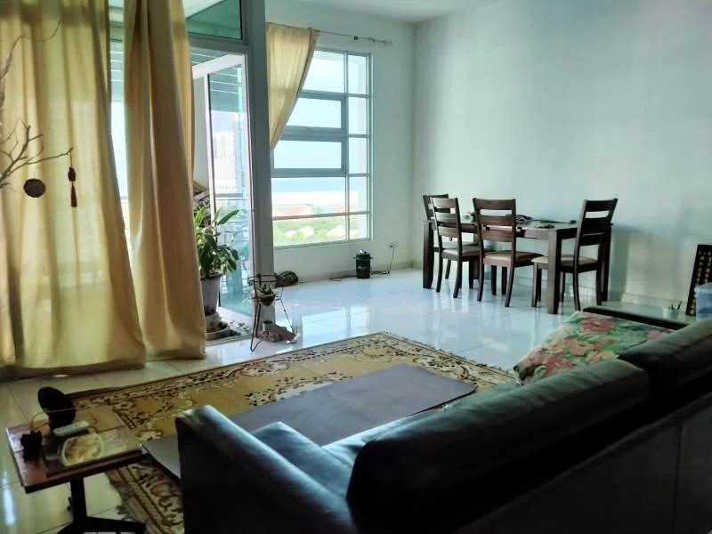 Living features: floor-to-ceiling windows, beige curtains, white painted walls, polished tile flooring, 3-seater leather sofa, area rug with floral pattern, coffee table, decorative plant, dining table with chairs, wall-mounted artwork; style: modern; view: sea.