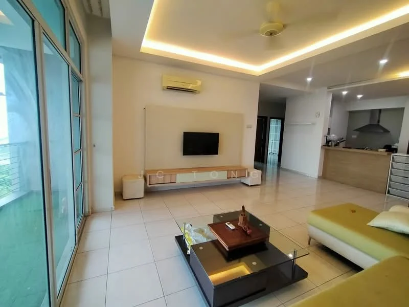 Living features: white painted walls, tray ceiling with recessed lighting, large floor-to-ceiling windows, sliding glass door, cream-colored sofa, glass coffee table, wooden TV console, wall-mounted TV, air conditioning unit, light-colored tile flooring, decorative wooden tray, houseplant in ceramic pot; style: modern; view: city.