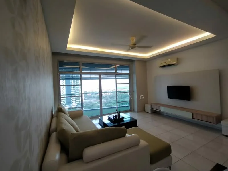 Living features: 3-seater fabric sofa in beige, ceiling fan, recessed LED downlights, wall-mounted TV, TV console, large floor-to-ceiling windows, white painted walls, tile flooring, view of city skyline, light wood media unit, decorative coffee table; style: modern; view: city.