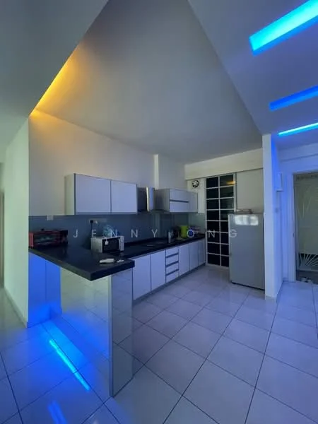 Kitchen features: white cabinetry, black countertop, stainless-steel fridge, built-in oven, ceramic tile flooring, recessed LED downlights, blue LED accent lighting, single-bowl stainless-steel sink, chrome pull-down faucet, glass panel door, wall-mounted clock; style: modern.