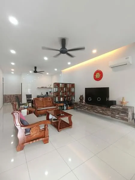 Living features: white painted walls, glossy tile flooring, 5-blade ceiling fan with light, 2-seater wooden sofa, 3-seater wooden sofa, wooden coffee table, TV console with storage, wall-mounted TV, decorative wall art, recessed LED downlights, air conditioning unit; style: modern. Room features: open layout, kitchen area visible in background.