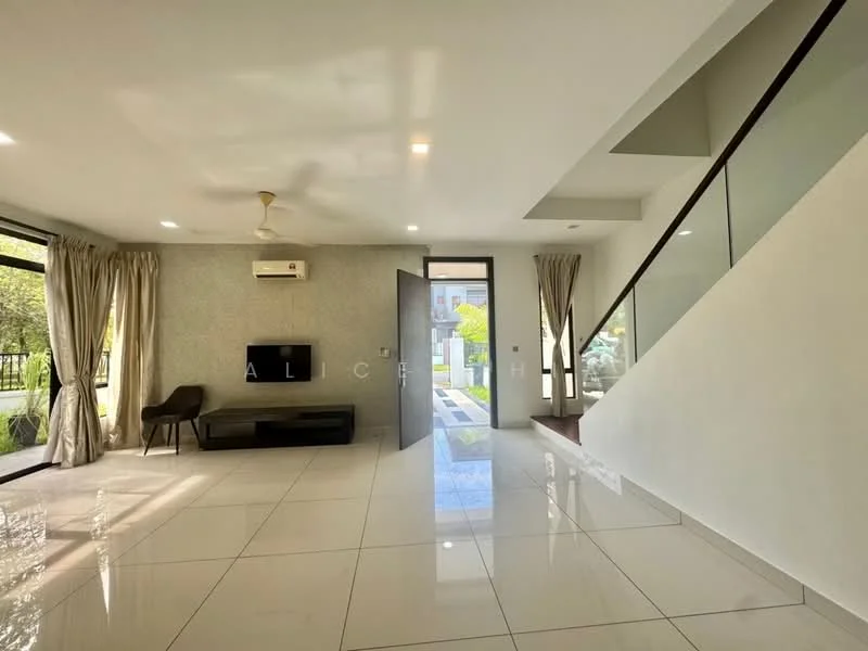 Living features: white painted walls, glossy tile flooring, 5-blade ceiling fan with light, floor-to-ceiling windows, sliding glass door, curtains, wall-mounted TV, coffee table, sofa, staircase with glass railing; style: modern; view: garden.