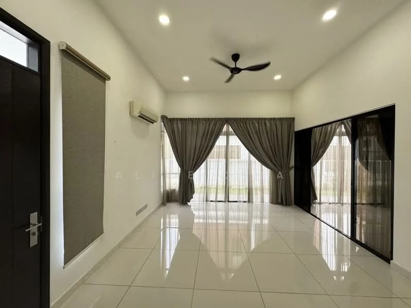 Living features: white painted walls, glossy white tile flooring, 5-blade ceiling fan with light, floor-to-ceiling windows, sheer curtains, dark wood door, wall-mounted split AC, curtains in grey fabric; style: modern; view: garden.