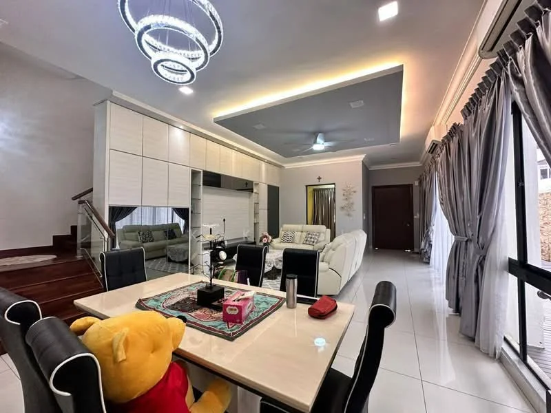 Living features: white leather sofa, glass coffee table, dining table with black chairs, pendant chandelier, recessed ceiling lights, ceiling fan, grey accent wall, large windows with sheer curtains, wooden staircase, decorative wall art, tiled flooring; style: modern.
