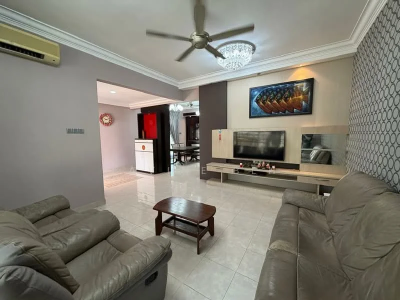 Living features: 2-seater leather sofa in grey, 3-seater leather sofa in grey, coffee table, wall-mounted TV, TV console, chandelier, ceiling fan with light, cream painted walls, grey accent wall with geometric pattern, tile flooring, decorative wall art, recessed downlights; style: modern. Room features: open layout to dining area, doorway leading to kitchen, visible dining area in background.