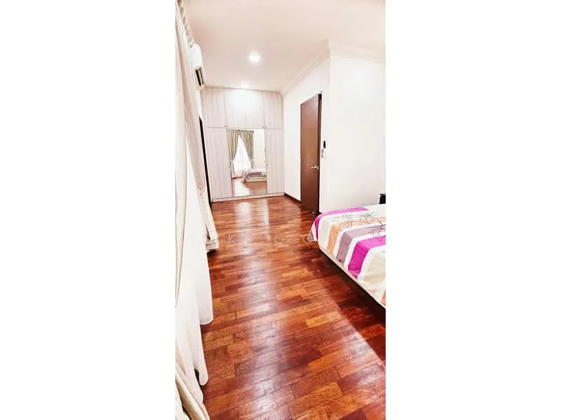 Bedroom features: wooden flooring, white painted walls, recessed downlights, floor-to-ceiling mirror, queen-size bed with colorful bedding, curtains, air conditioning unit, decorative wall paneling; style: modern.