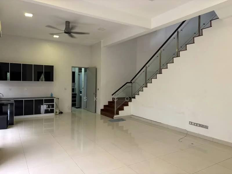 Living features: white painted walls, polished ceramic tile flooring, 5-blade ceiling fan, floor-to-ceiling windows, open-plan layout, staircase with glass railing, recessed downlights, kitchenette with black cabinetry, kitchen countertop, doorway leading to other rooms; style: modern.