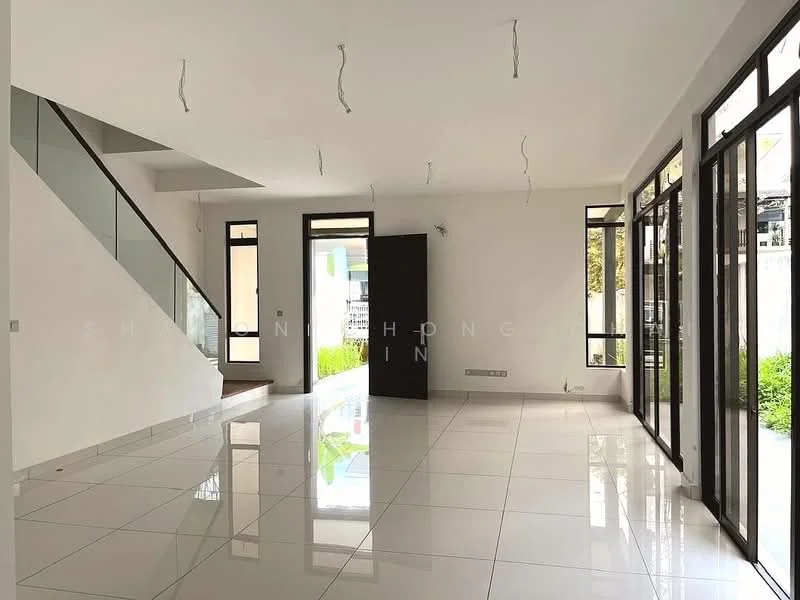 Living features: white painted walls, glossy white tile flooring, large floor-to-ceiling windows, double doors, staircase with glass railing, recessed ceiling lights, open layout, natural light from multiple angles, greenery view from windows; style: modern; view: garden.