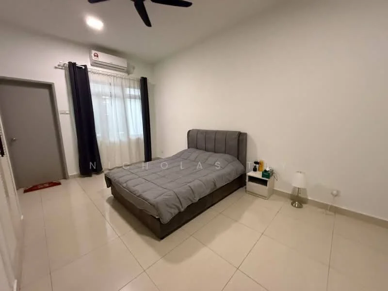 Bedroom features: queen-size bed with grey upholstered headboard, white bedding, 2 bedside lamps, white bedside table, floor-to-ceiling window with sheer curtains, 1 wall-mounted split AC, light grey tiled flooring, plain white walls, ceiling fan; style: modern.