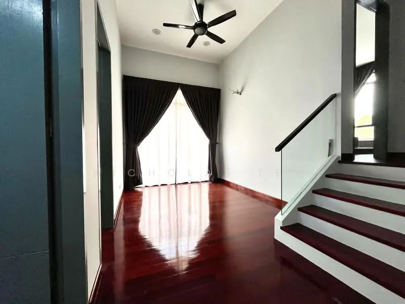 Room features: dark wood flooring, white walls, ceiling fan, large windows with sheer curtains, staircase with white risers, glass railing, wall-mounted light fixture; style: modern.