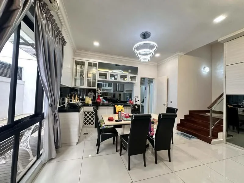 Dining features: 6-seater dining table, black dining chairs, chandelier light fixture, white walls, tile flooring, large windows with sheer curtains, open layout to kitchen, decorative wall paneling, staircase visible in background; style: modern; view: garden. Kitchen features: black cabinetry, white countertop, stainless-steel sink, built-in appliances, wine rack, open shelving, tile backsplash; style: modern.