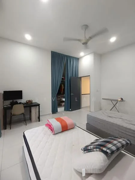 Bedroom features: white painted walls, tile flooring, 5-blade ceiling fan, floor-to-ceiling curtains, queen-size bed, bedside table, study desk with chair, computer monitor, bedding with patterned throw, plaid blanket; style: modern.