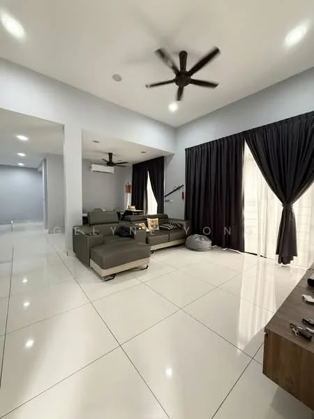 Living features: grey leather sectional sofa, 2-seater sofa, coffee table, bean bag, floor-to-ceiling windows with sheer curtains, blackout curtains, white painted walls, polished ceramic tile flooring, 5-blade ceiling fan with light, wall-mounted split AC, decorative wall art; style: modern.