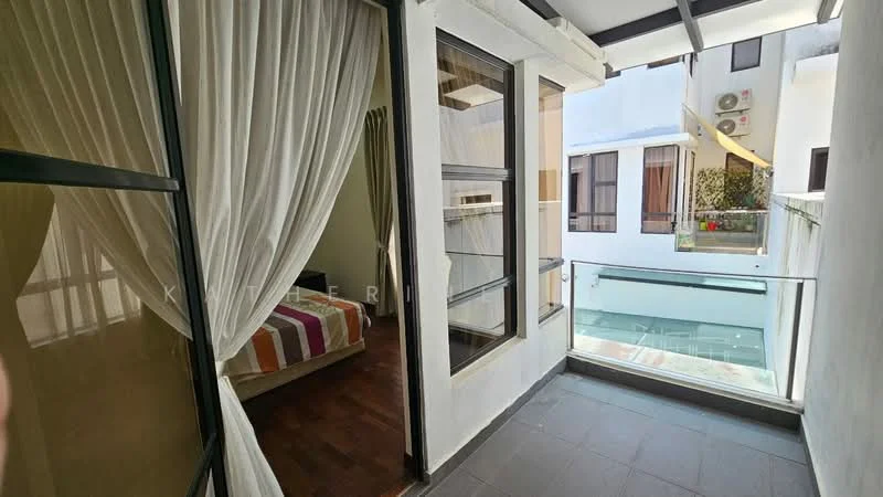 Room features: floor-to-ceiling windows, sliding glass door, curtains, wooden flooring, grey tiled flooring, glass railing, decorative plants visible, bed visible in adjacent room; style: modern.