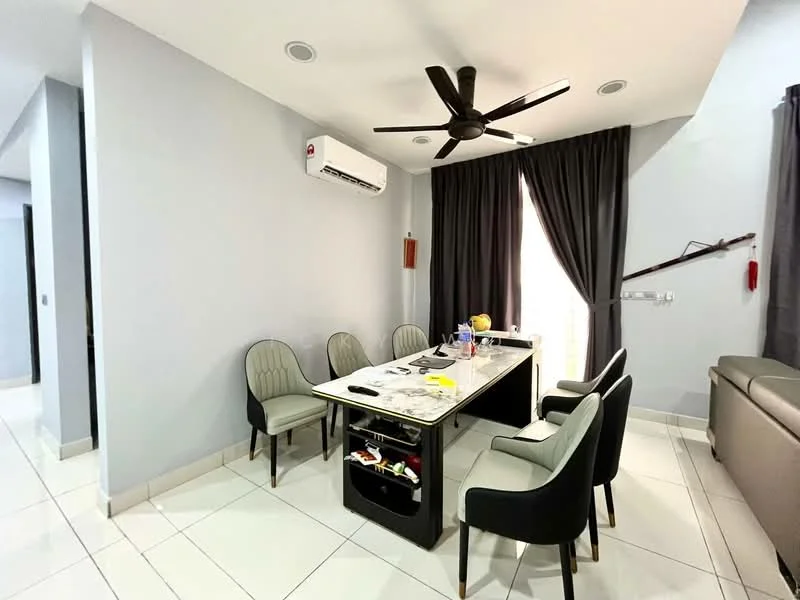 Dining features: rectangular dining table, 4 upholstered dining chairs in black, white marble tabletop, grey painted walls, 5-blade ceiling fan with light, wall-mounted air conditioning unit, floor-to-ceiling window with sheer curtains, tile flooring, decorative wall clock, fire extinguisher mounted on wall; style: modern. Room features: grey painted walls, tile flooring.