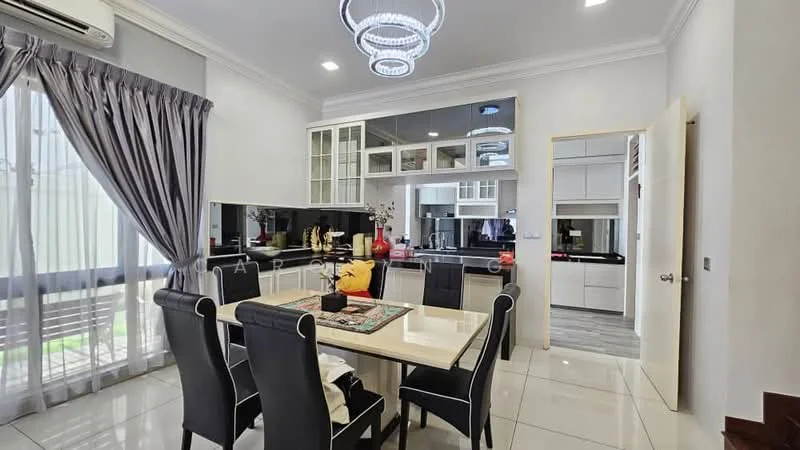 Dining features: 6-seater dining table, black upholstered dining chairs, chandelier with multiple lights, white painted walls, grey curtains, floor-to-ceiling windows, glossy tile flooring, built-in cabinetry with glass doors, kitchen area visible in background, decorative centerpiece on table; style: modern; view: garden.